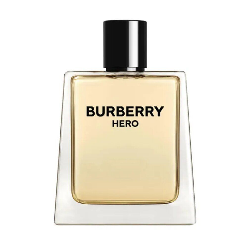 Burberry Hero flesje. Vierkante vorm, zwarte dop, Hero opschrift. Transparant glazen flesje.