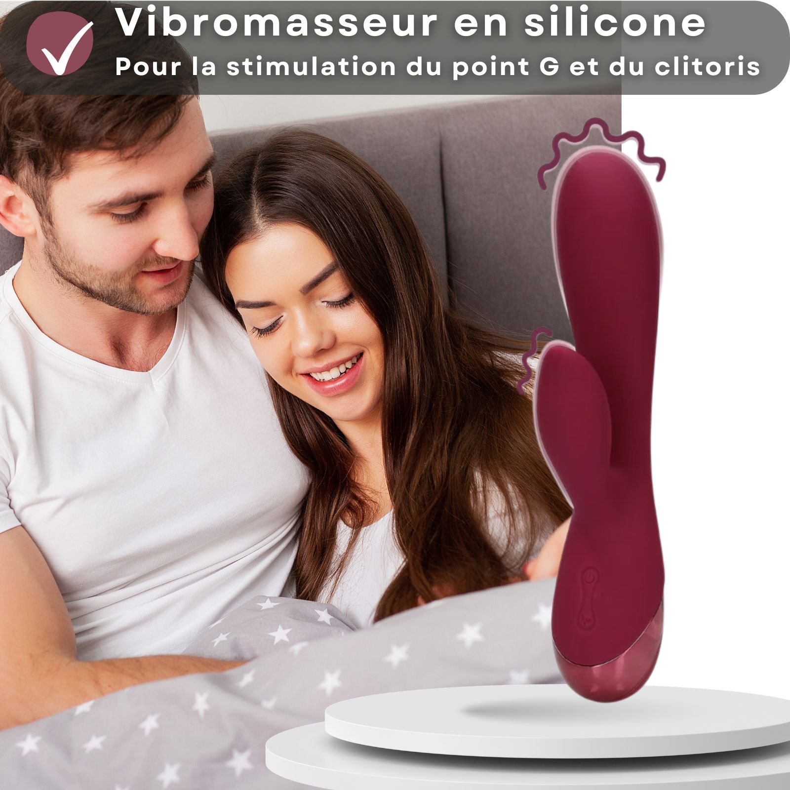 Vibrateur rouge en silicone. Texte: Stimulation point G et clitoris.