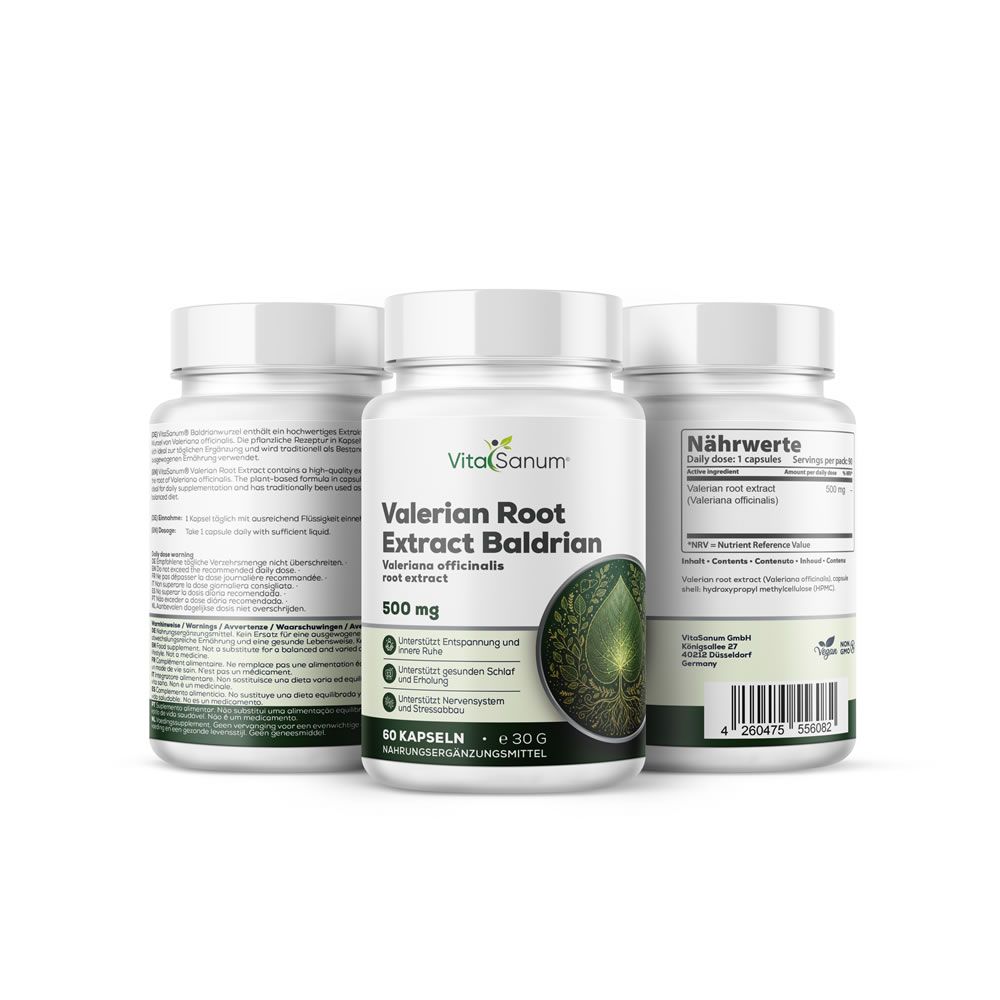 Trois flacons blancs de gélules. Inscription: VitaSanum, Valerian Root Extract Baldrian, 500 mg, 60 gélules.