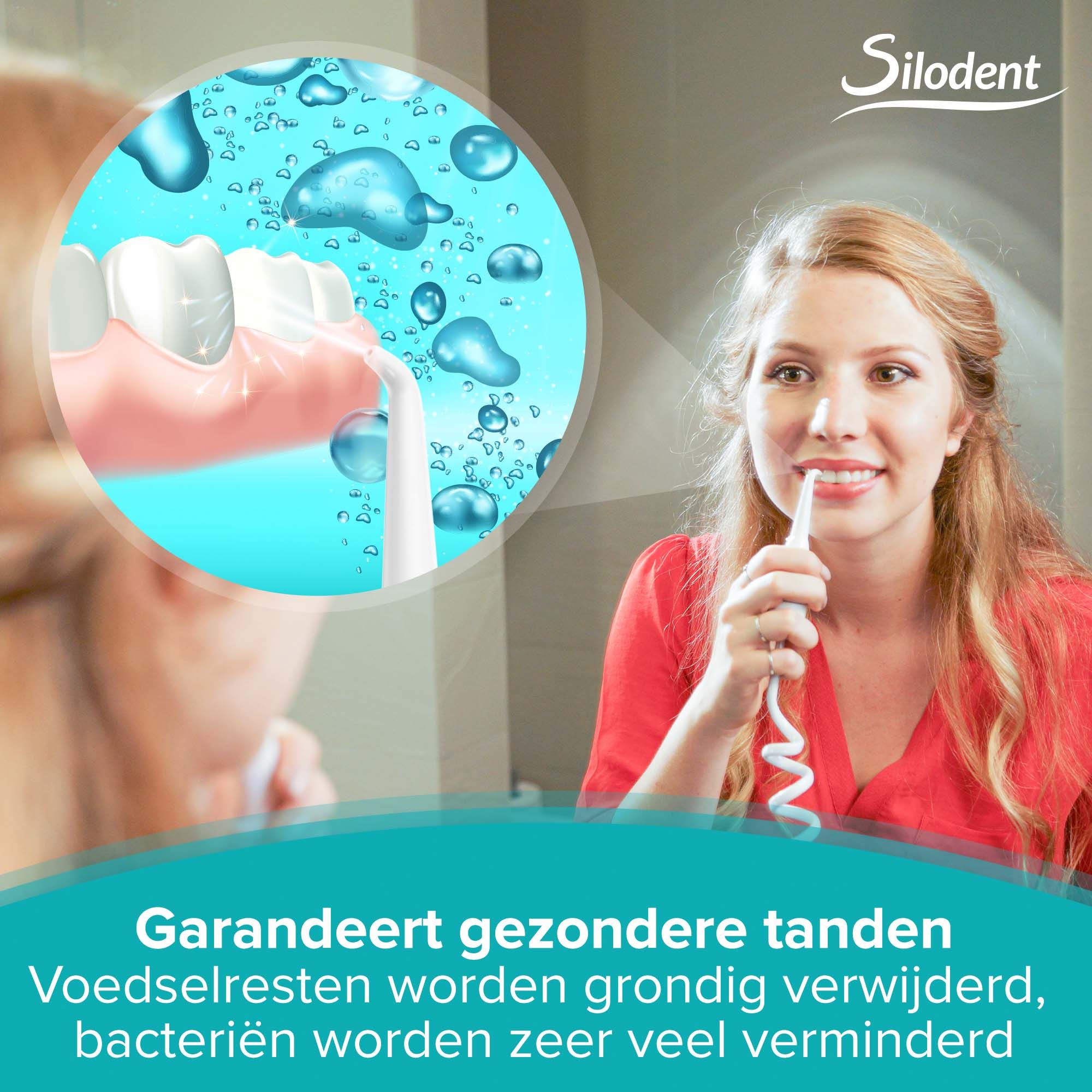 Monddouche op kraan, geen stroom of reservoir nodig. Toont aansluitstuk en slang.