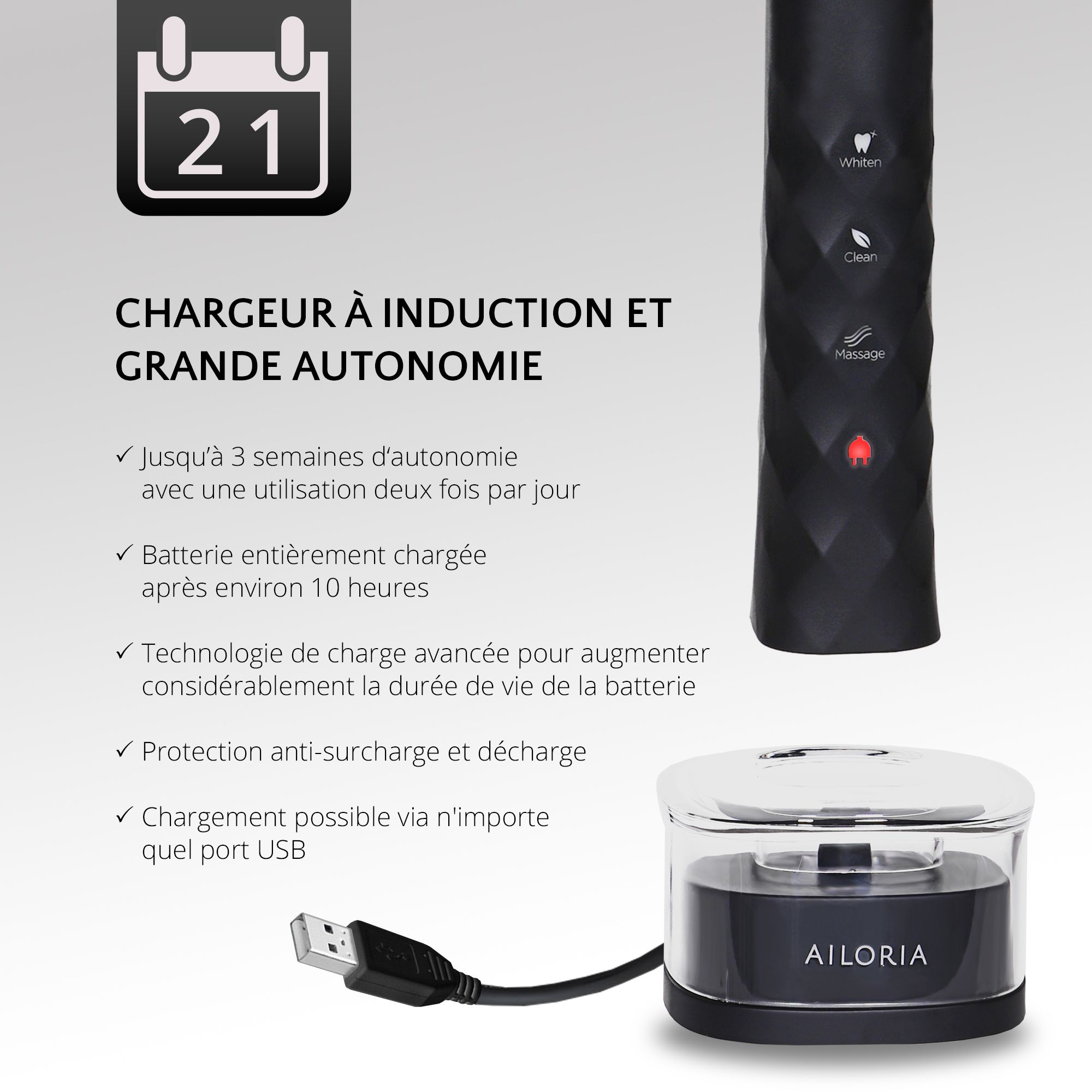 Brosse à dents AILORIA sur station de charge. Texte : Charge par induction et longue durée de fonctionnement. Jusqu'à 3 semaines.