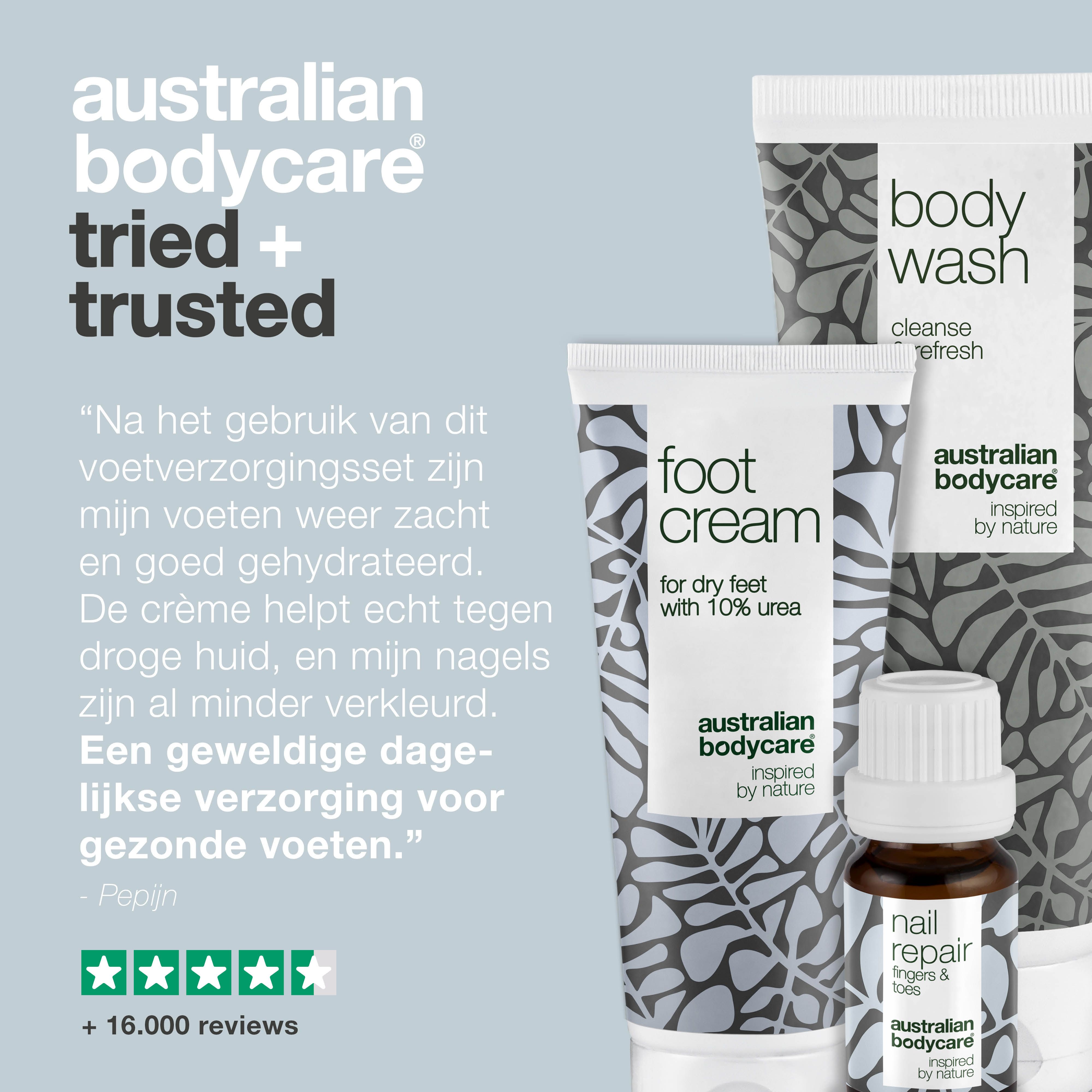 Voetcrème, body wash en nagelreparatie-olie. Tekst: Getest en goedgekeurd. +16.000 beoordelingen.