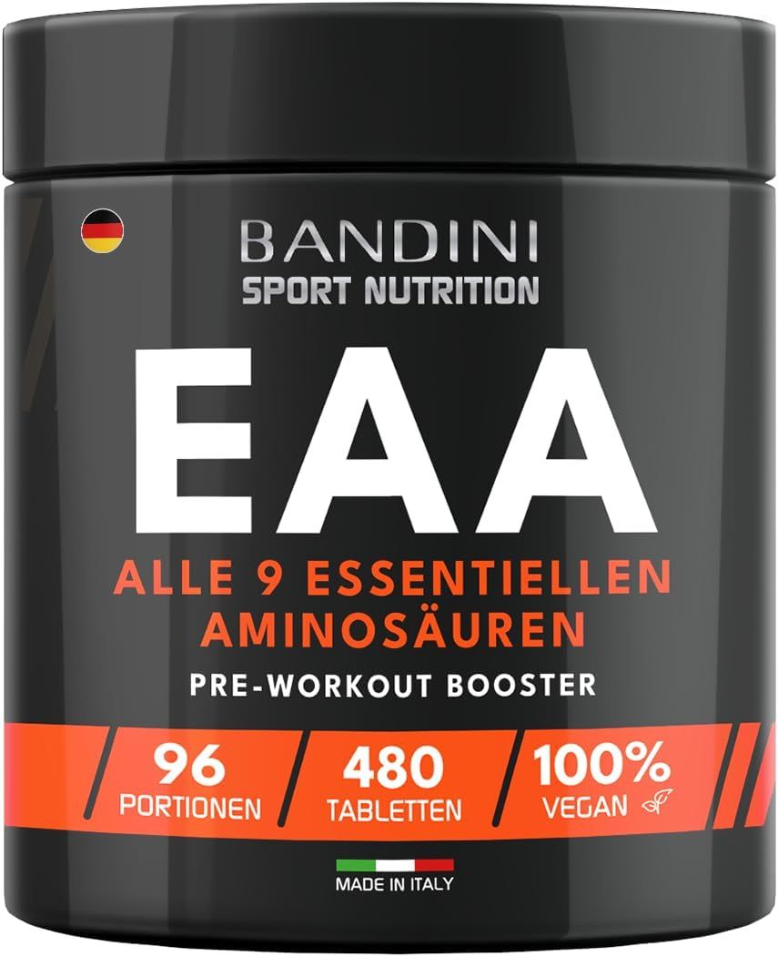 Bandini EAA Aminosäuren Komplex Tabletten-pot. Zwarte pot met oranje etiket. Tekst: EAA, Alle 9 essentiellen Aminosäuren.