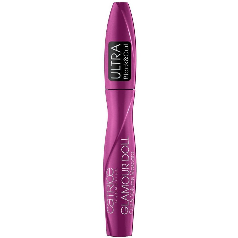 Mascara violette. Texte noir: ULTRA Black & Curl. En dessous: CATRICE COSMETICS, GLAMOUR DOLL Curl & Volume Mascara.
