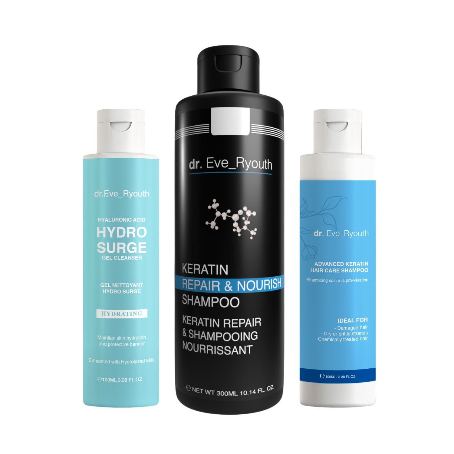 Trois flacons Dr. Eve_Ryouth. Un flacon bleu avec "HYDRO SURGE". Un flacon noir avec "KERATIN REPAIR & NOURISH SHAMPOO". Un flacon bleu avec "ADVANCED KERATIN HAIR CARE SHAMPOO".