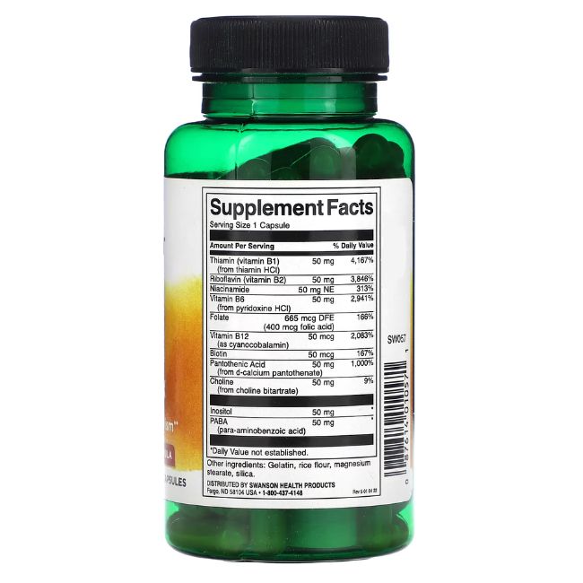 Achterkant van de groene fles. Toont voedingsfeiten voor "SWANSON Balance B-50 Complex".