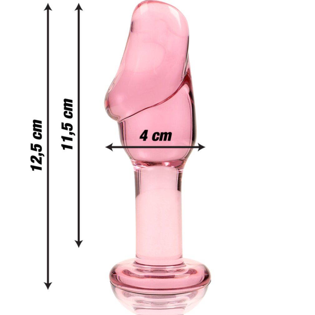Plug anal en verre rose, 12,5 x 4 cm, avec dimensions.