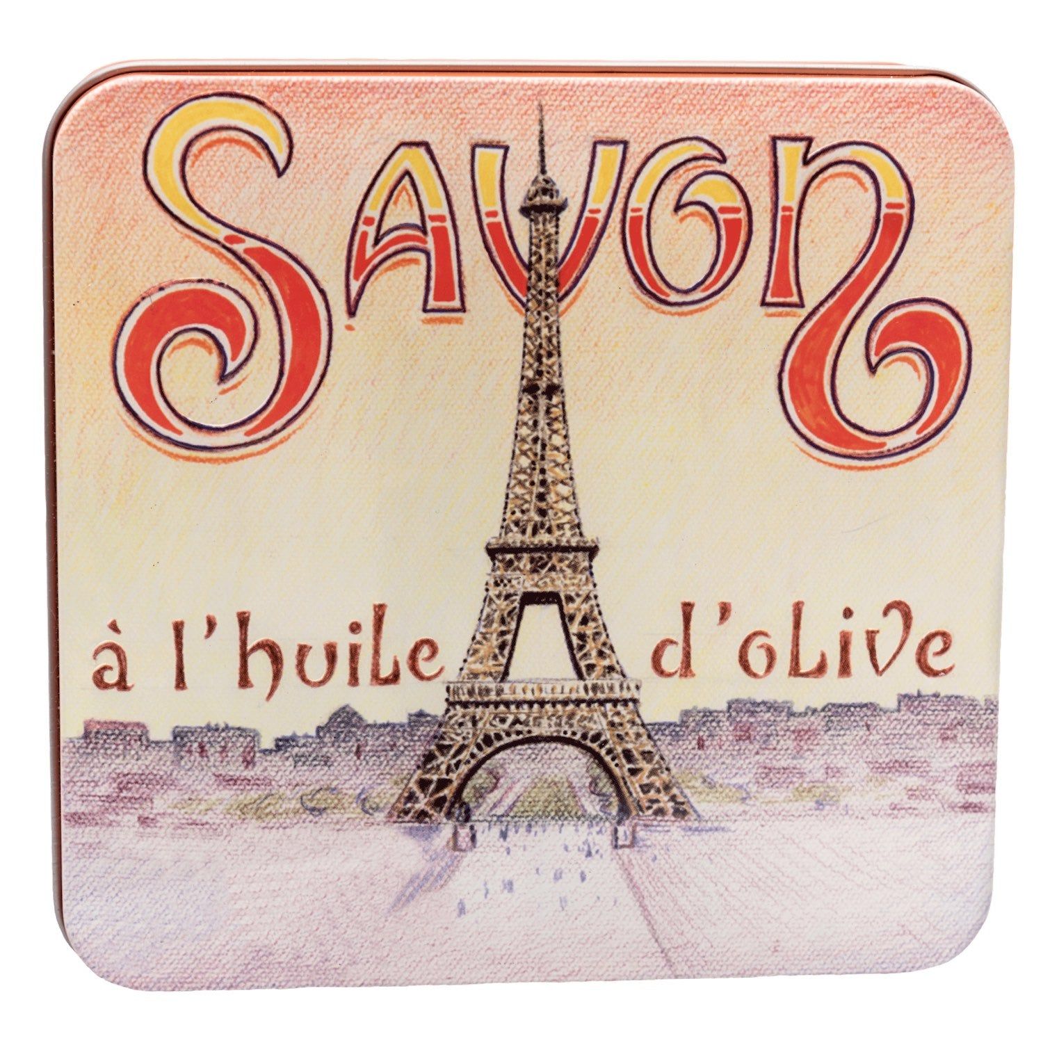 Boîte métallique carrée avec illustration de la Tour Eiffel. Inscription "Savon" et "à l'huile d'olive".