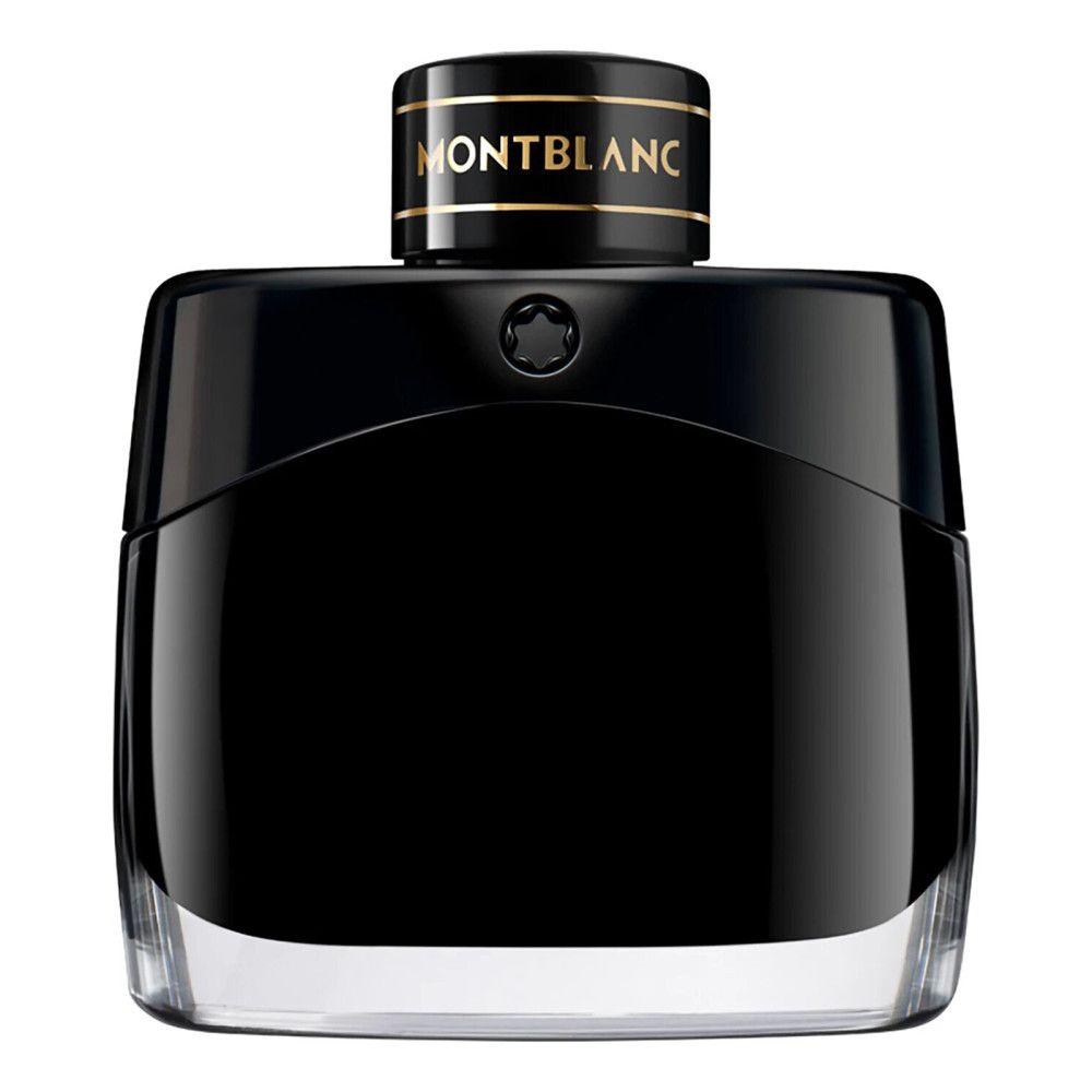 Flacon noir de Montblanc Legend Eau de Parfum. Bouchon noir avec lettrage doré. Logo Montblanc.