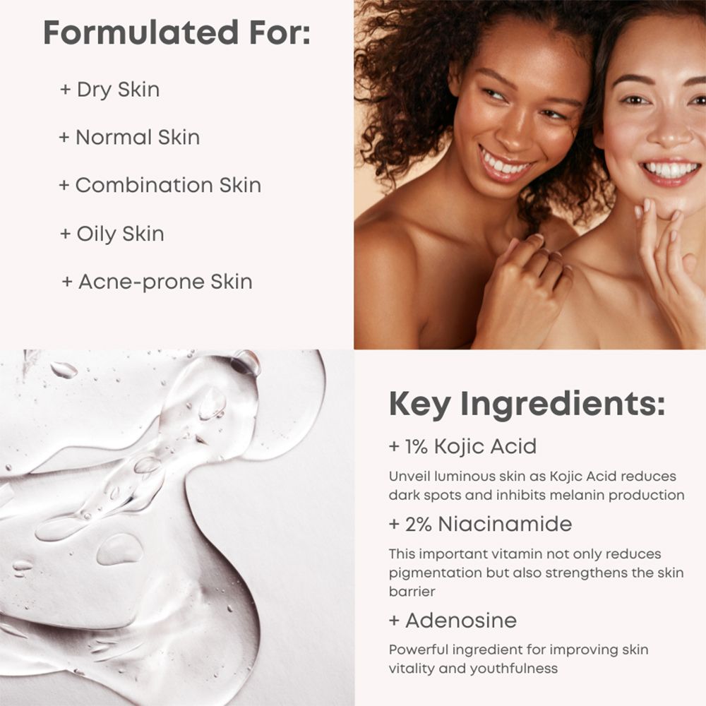 Deux femmes sourient. Texte: Formulé pour: peaux sèches, normales, mixtes, grasses et à problèmes. Ingrédients: 1% Kojic Acid, 2% Niacinamide, Adénosine.