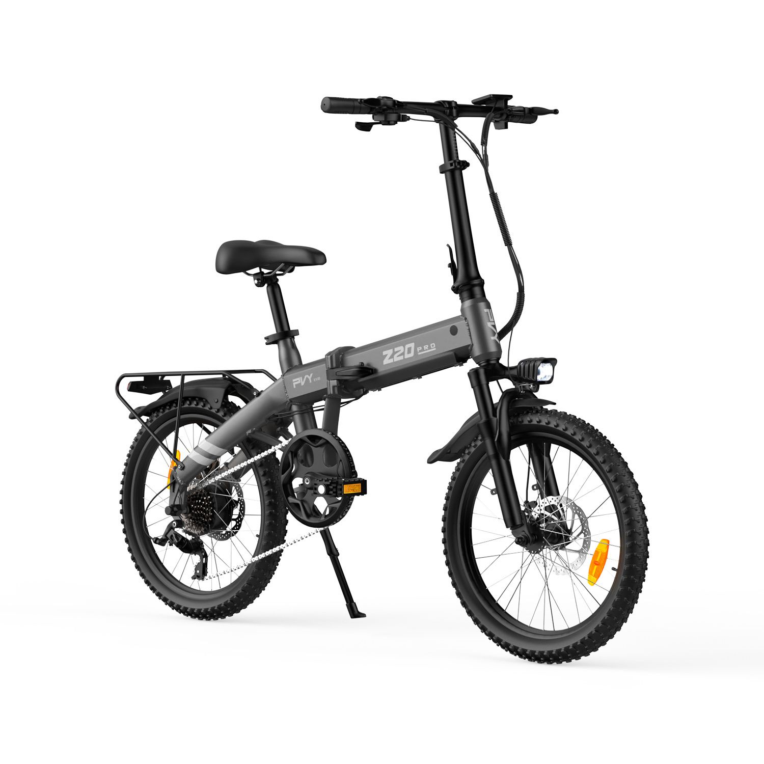Grijze opvouwbare e-bike met zwart zadel, stuur en banden. Achterdrager. PVY-logo.