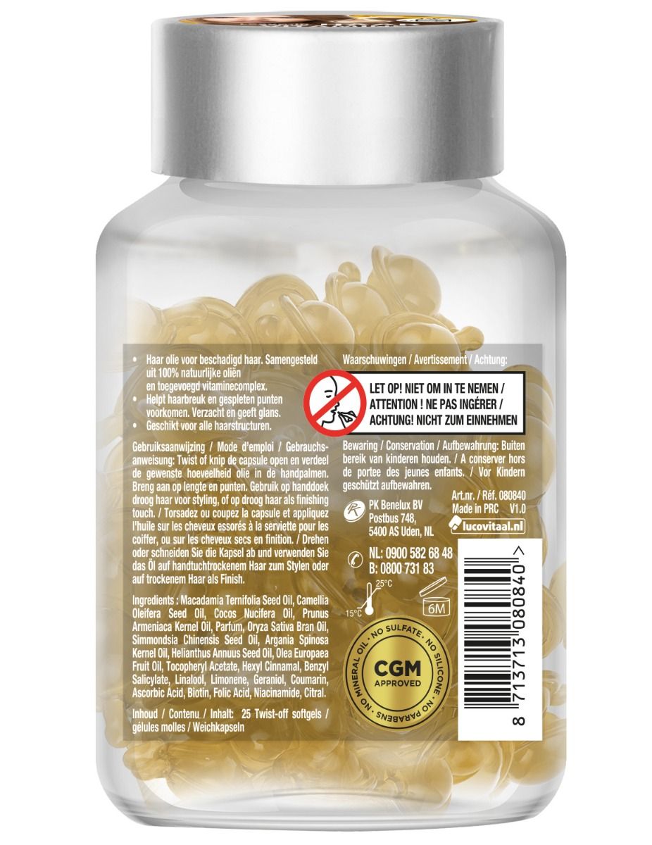 Achterkant van de pot met gele capsules. Tekst met ingrediënten en waarschuwingen. CGM Approved zegel.