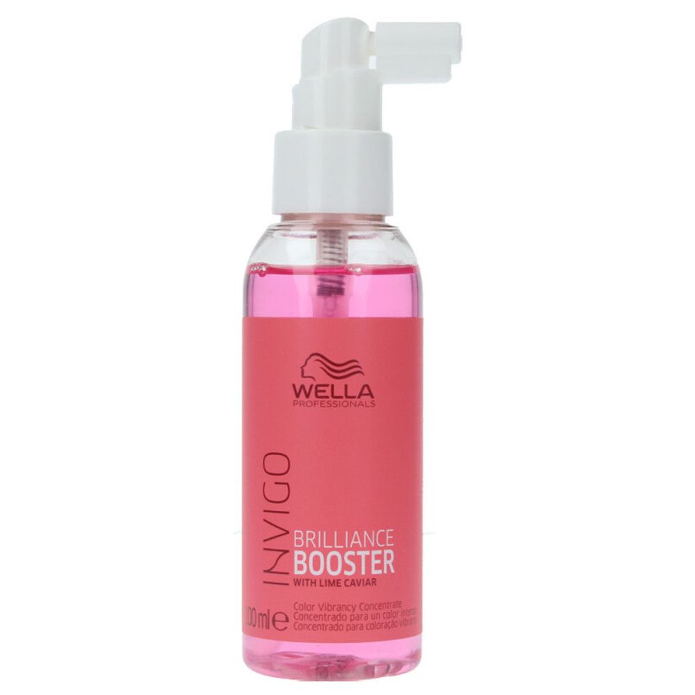 Flacon Wella INVIGO Color Brilliance Booster avec liquide rose et applicateur. Informations produit sur l'étiquette.