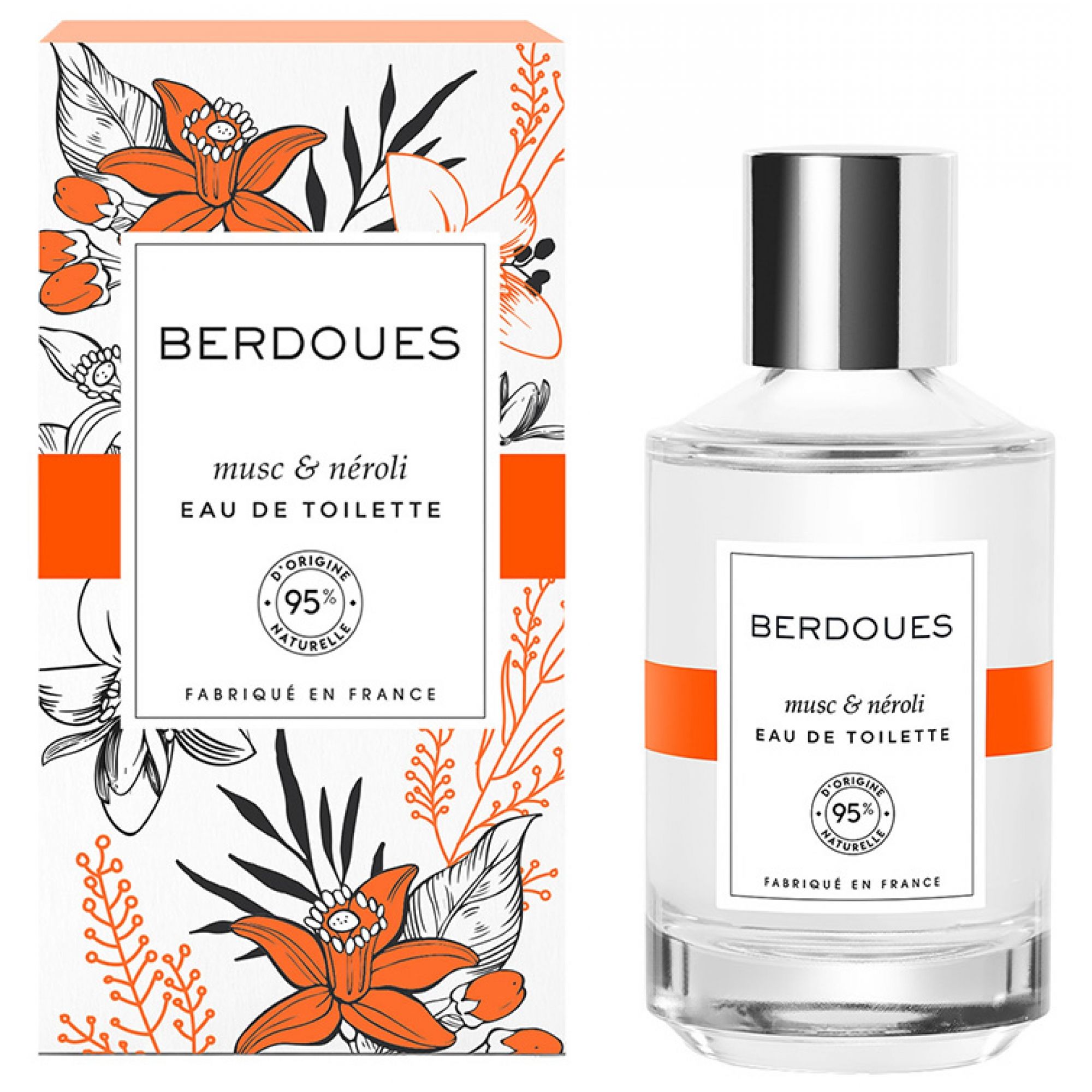Flacon et emballage Berdoues Musc & Néroli Eau de Toilette avec motif floral orange.