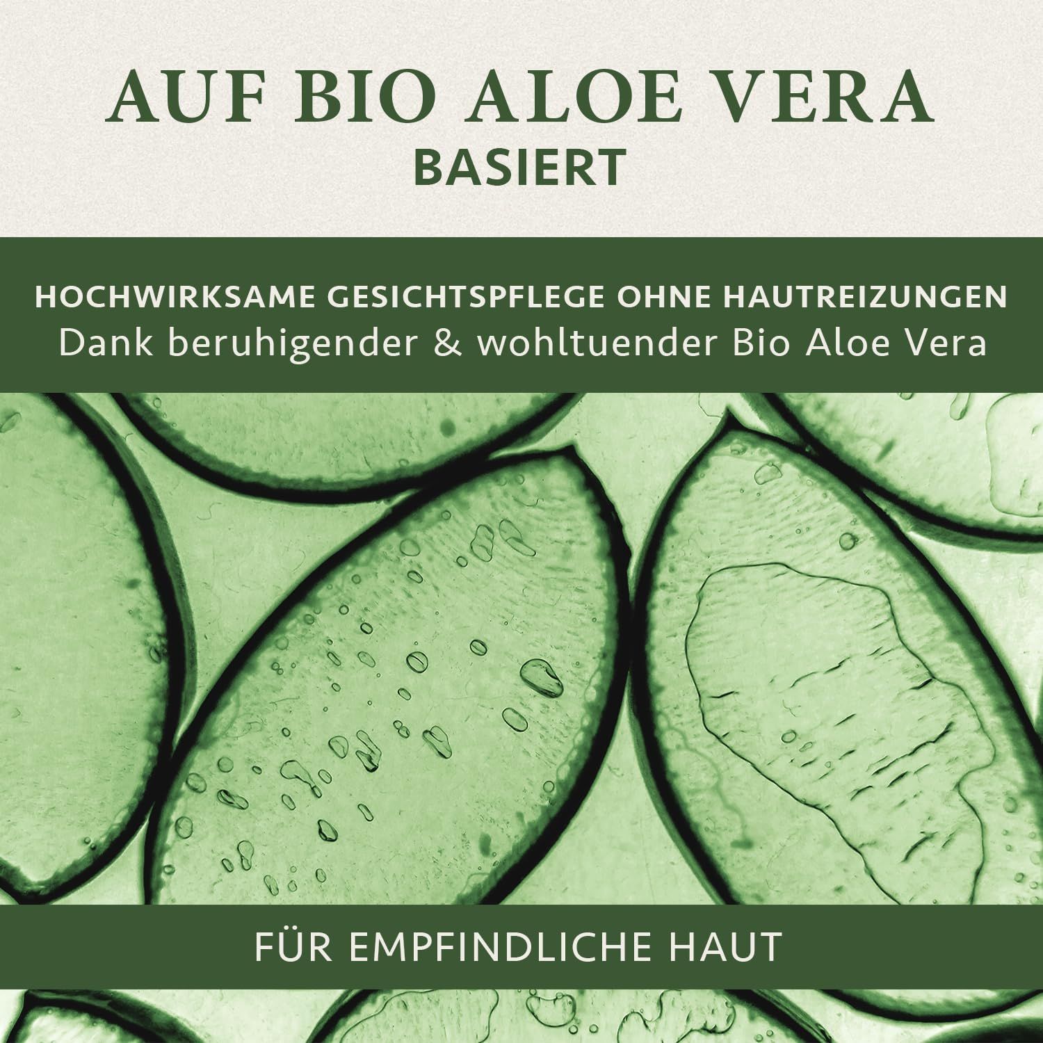 Gezichtsverzorging op basis van biologische aloë vera voor de gevoelige huid, kalmerend en hydraterend.