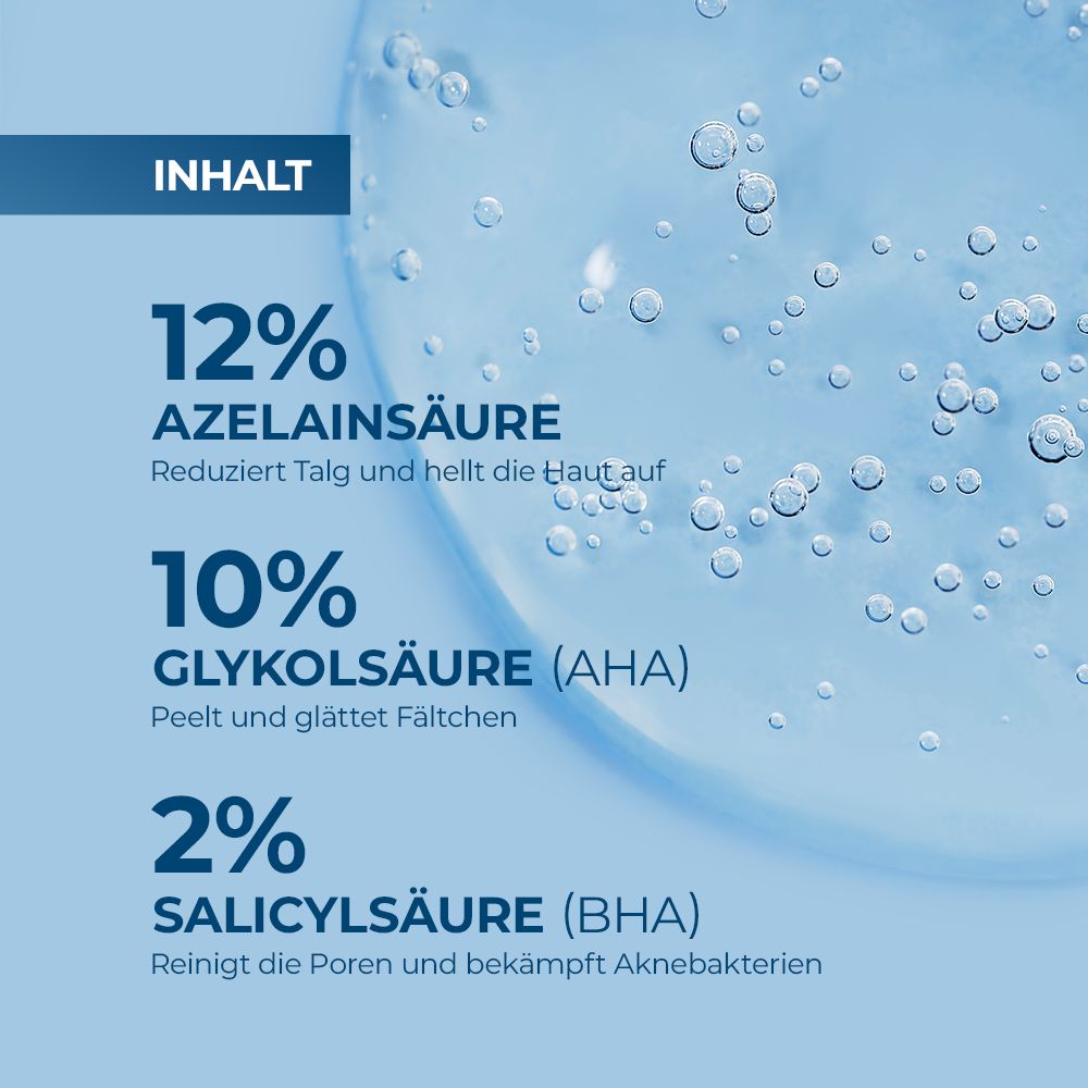 Gros plan sur liquide avec texte: 12% acide azélaïque, 10% acide glycolique (AHA), 2% acide salicylique (BHA).