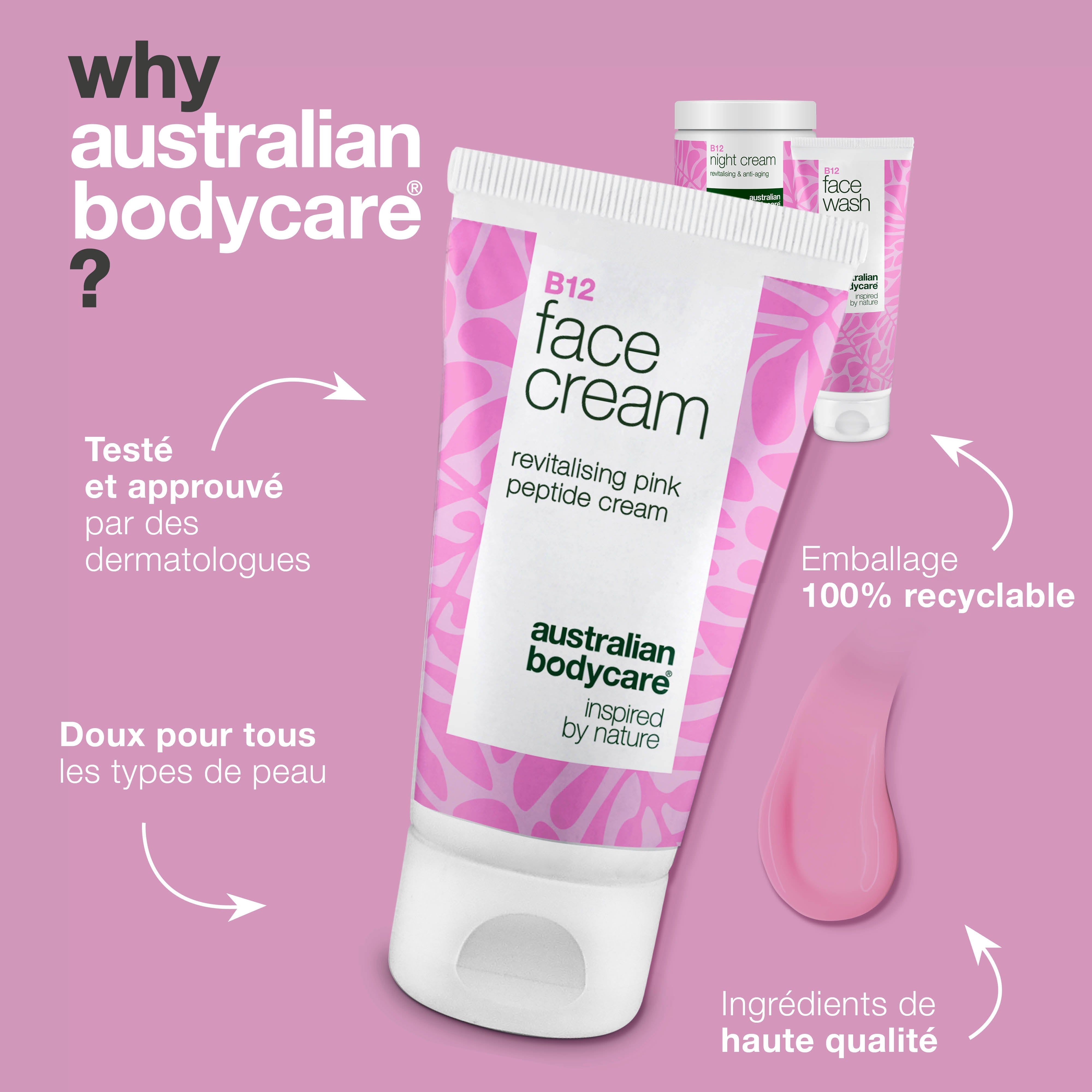 Tube de Face Cream, Texte : Testé et approuvé par des dermatologues, emballage 100% recyclable, ingrédients de haute qualité.
