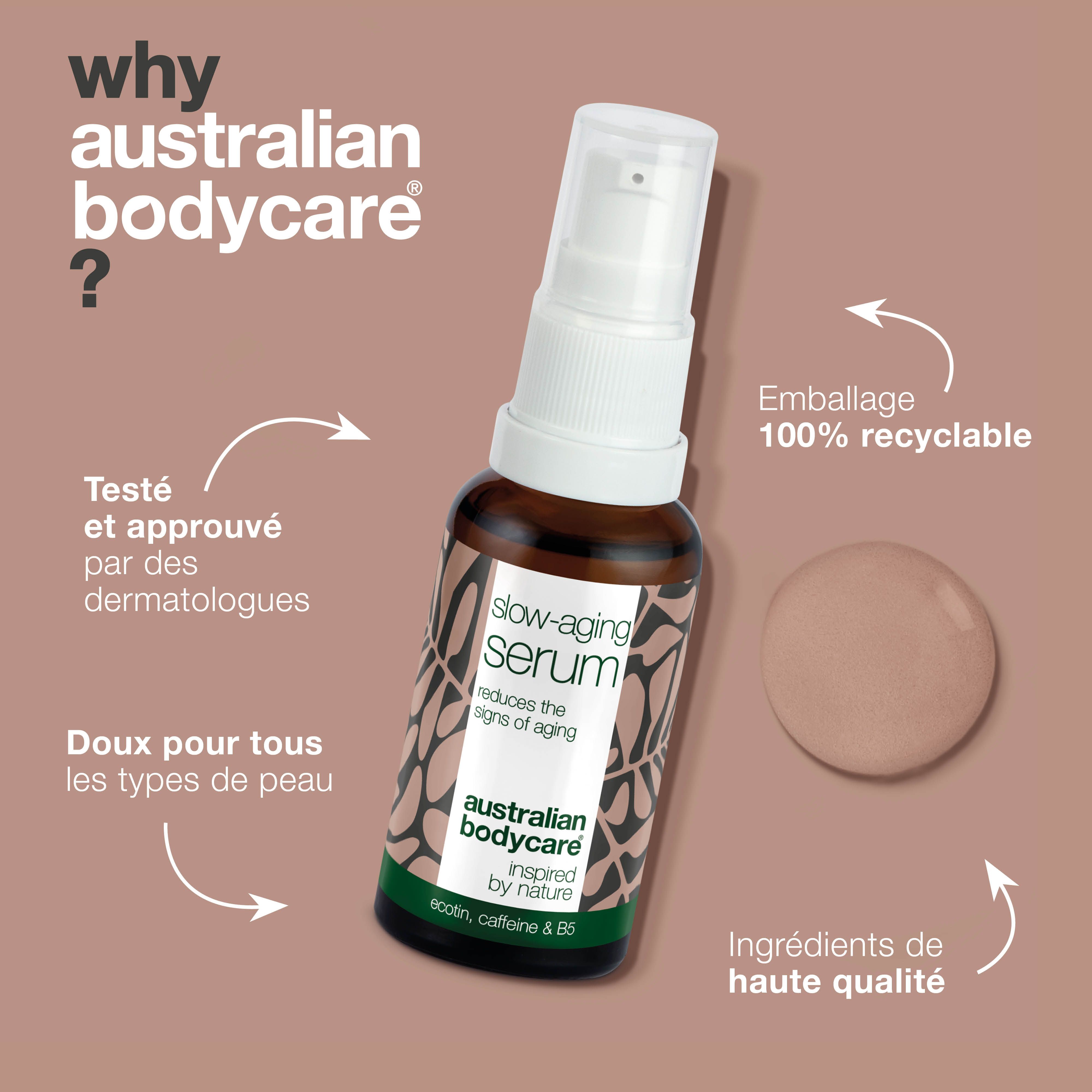 Flacon de sérum, à côté un échantillon de peau. Texte : Testé, emballage 100% recyclable, ingrédients de haute qualité.