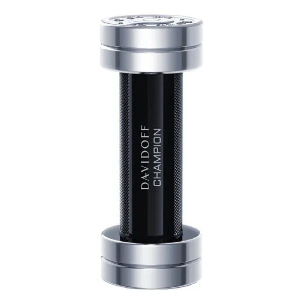 Davidoff Champion Eau de Toilette fles in haltervorm met zilveren gewichten en zwart middengedeelte.