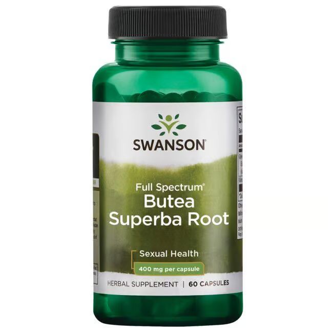 Flacon vert avec bouchon noir. Inscription: SWANSON, Butea Superba Root, 400 mg par capsule, 60 capsules.