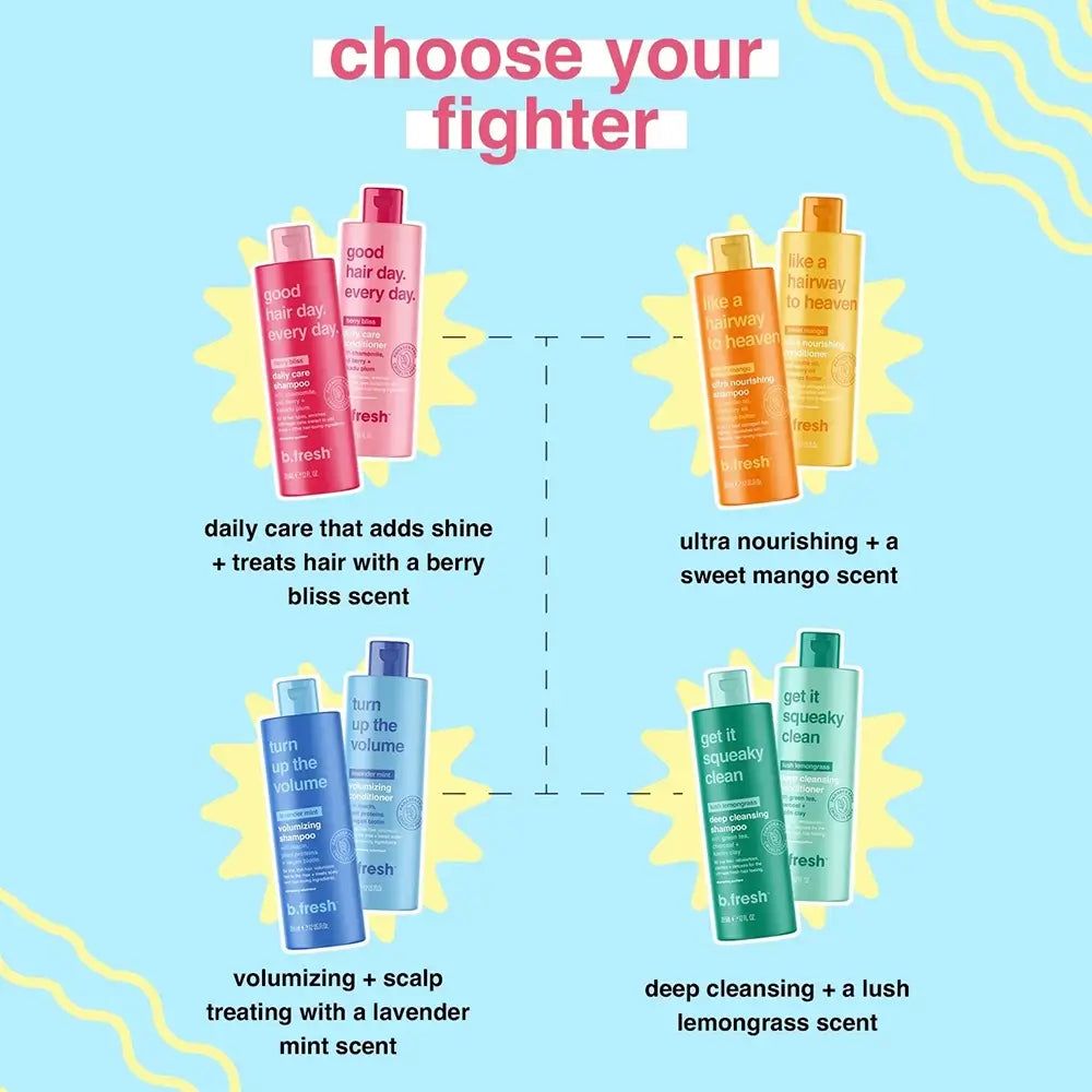 Quatre paires de produits de shampooing b.fresh. "Turn up the volume" en bleu. Autres : rouge, orange, vert. Texte : "choose your fighter".