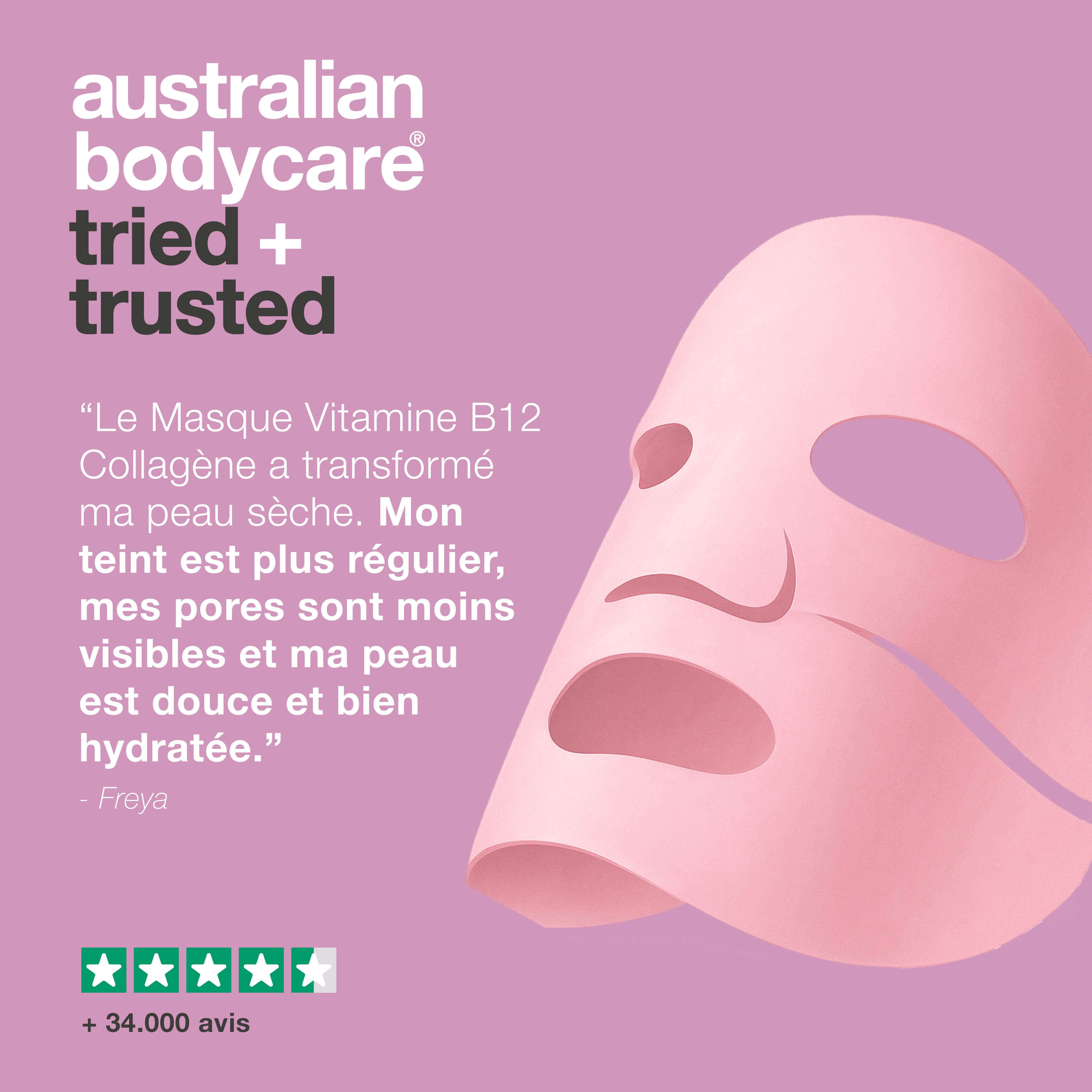Masque rose. Texte : Australian Bodycare, tried + trusted, Citation de Freya sur le masque.