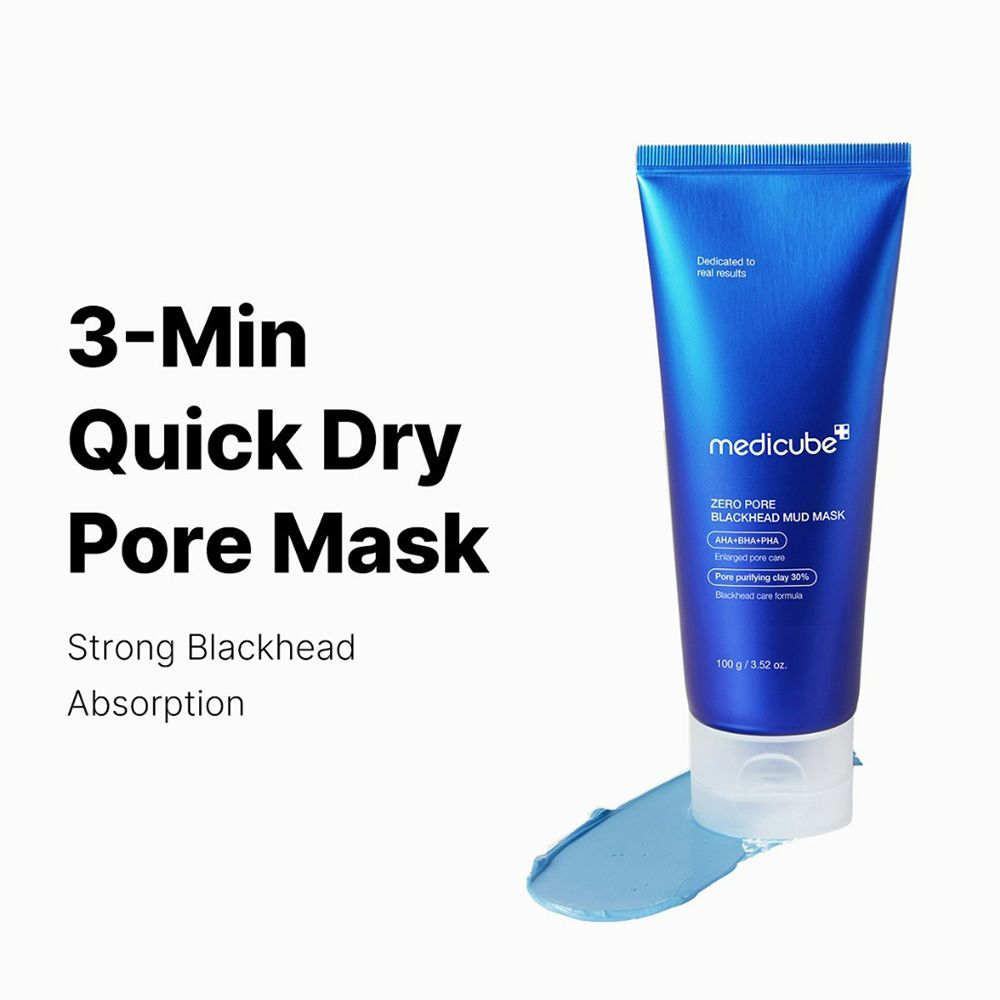Blauwe tube met tekst: 3-Min Quick Dry Pore Mask. Opschrift: medicube, Zero Pore Blackhead Mud Mask. Tekst: AHA+BHA+PHA, Pore purifying clay 30%.
