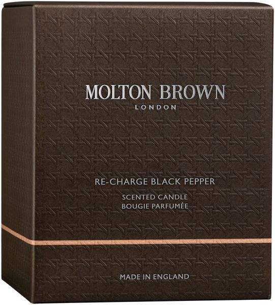 Molton Brown Re-Charge Black Pepper geurkaars, enkele lont, in glas.