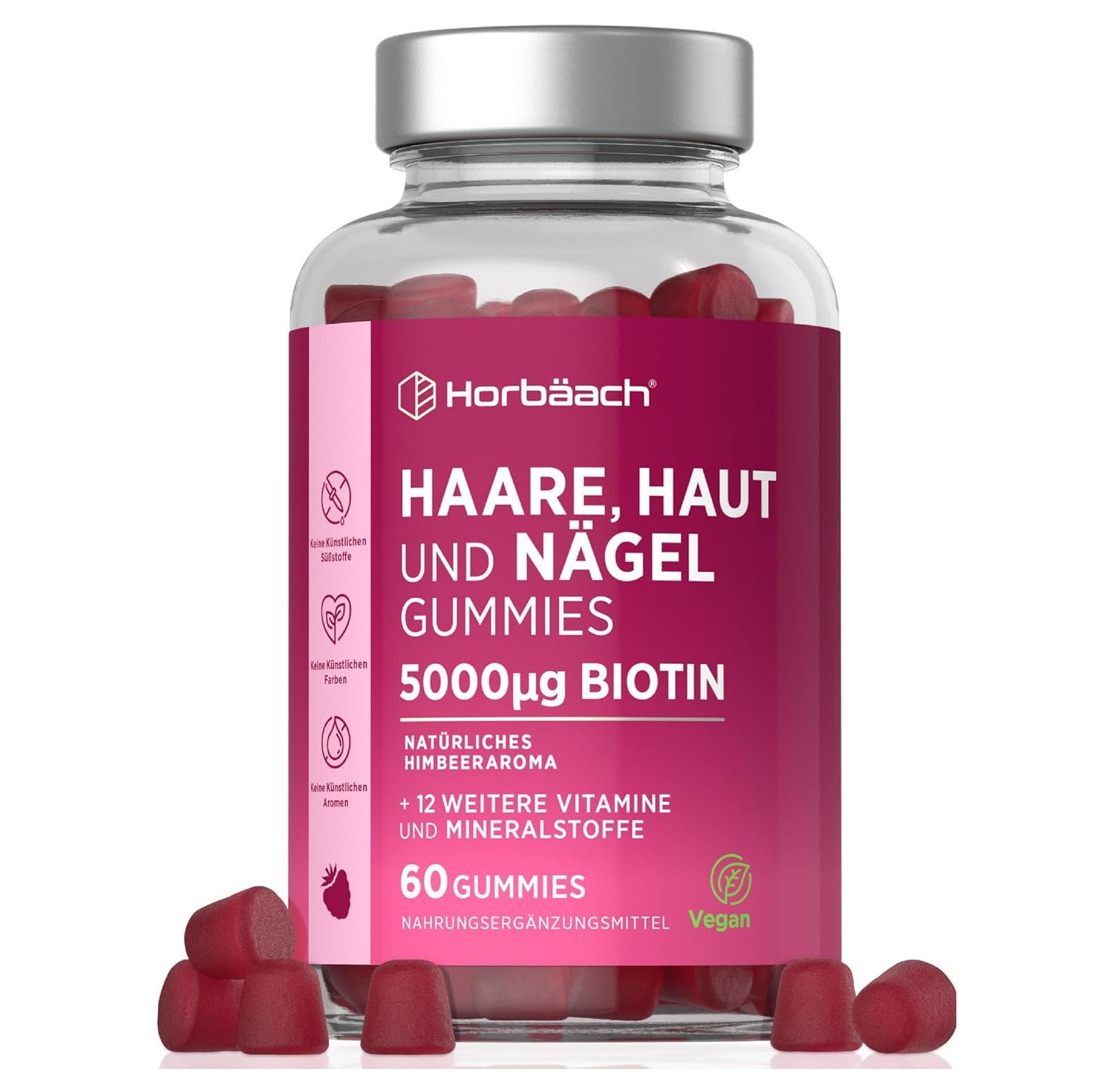 Flacon transparent avec gummies rouges. Étiquette "Haare, Haut und Nägel Gummies", 5000µg Biotin, 60 gummies. Vegan.