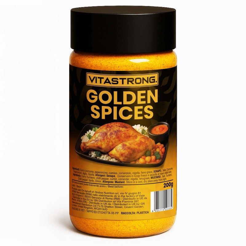 Cilindrische pot met zwarte deksel. Etiket met "Vitastrong Golden Spices" en afbeelding van kippenbout met rijst en saus. 200g.