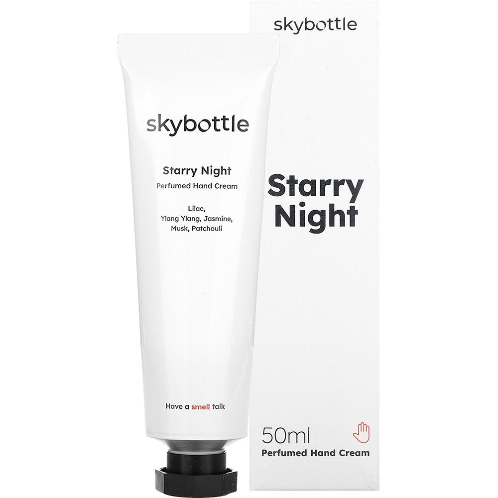 Witte tube en doos. Opschrift: "skybottle Starry Night Perfumed Hand Cream". 50ml. Zwarte dop. Hand-symbool.