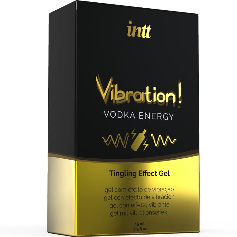 Zwarte verpakking met gouden belettering. Opschrift: Vibration! Vodka Energy. Gel met vibratie-effect. Gouden sokkel.