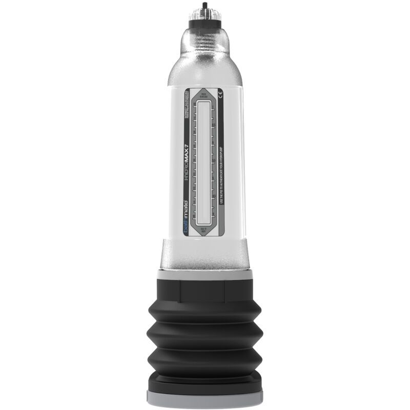 Hydromax 7 penispomp, transparant, met zwarte balg en schaal.