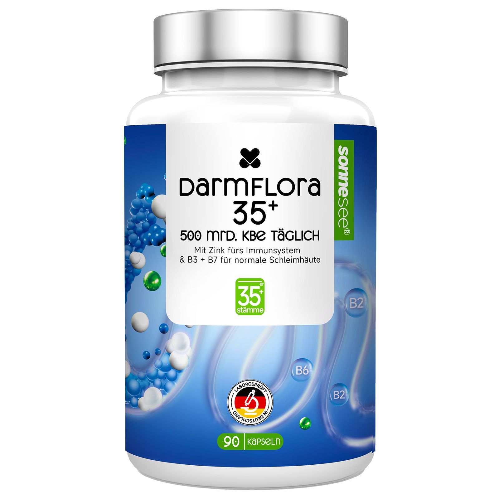 Bouteille de 90 gélules DarmFlora 35+, 500 milliards UFC par jour, avec zinc et B3+B7.