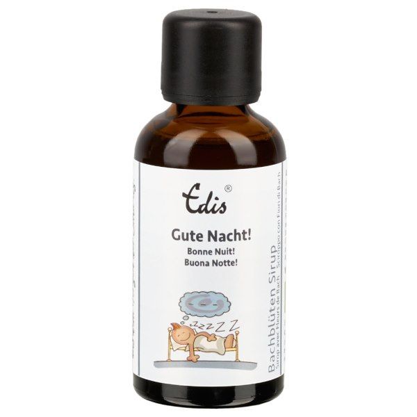 Flacon en verre brun avec bouchon noir. Étiquette avec nom du produit, illustration d'une personne endormie et texte multilingue.