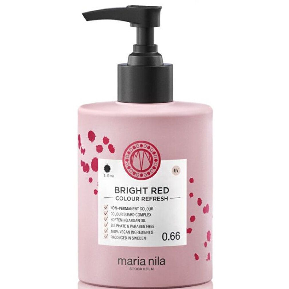 Roze fles met zwarte pomp. Opschrift: Bright Red Colour Refresh. 0.66. Bevat arganolie. Veganistisch.
