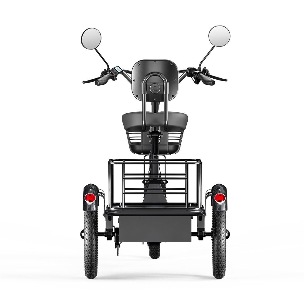 Tricycle cargo gris, vue de face, avec panier et porte-bagages. Marque Cysum.