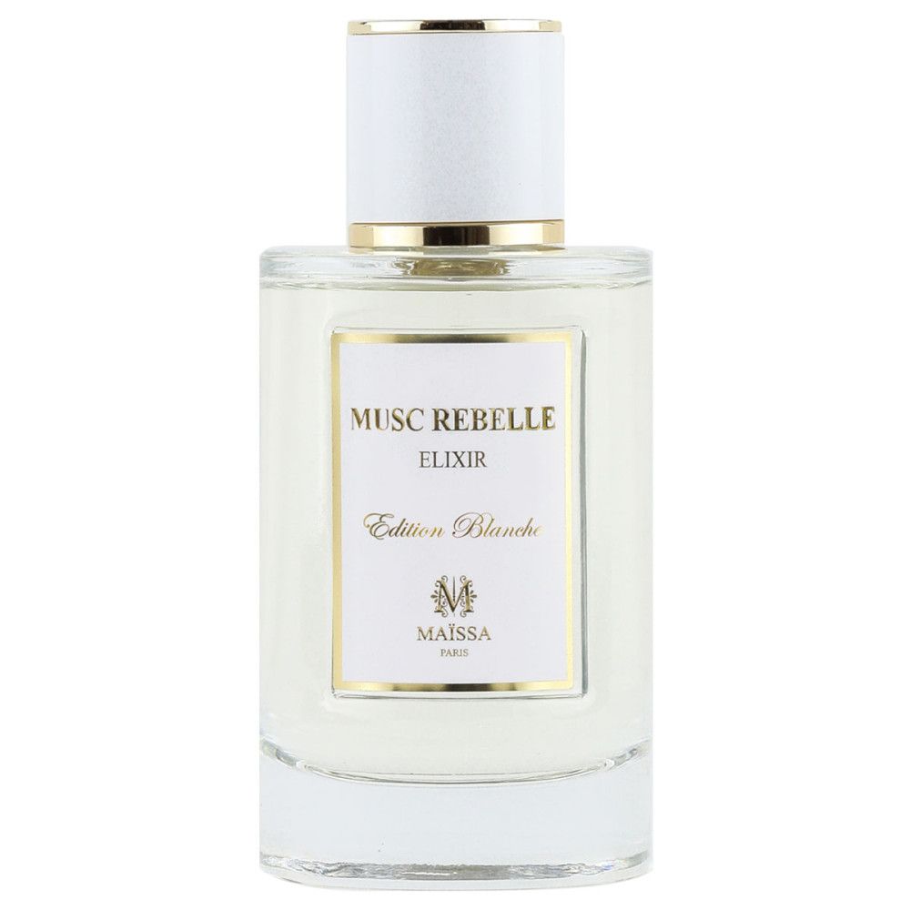 Flacon de parfum avec bouchon blanc et étiquette. Inscription : Musc Rebelle Elixir, Edition Blanche, Maison Maïssa Paris.