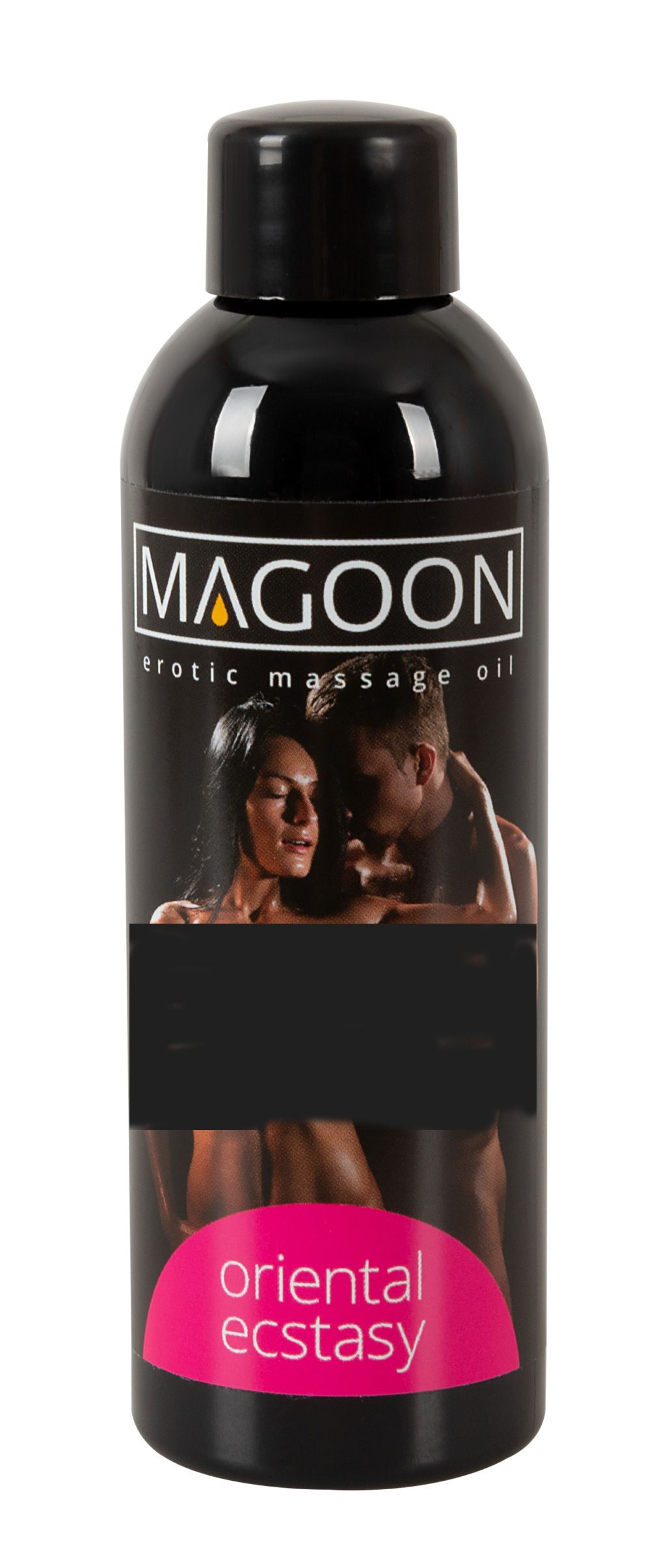 Zwarte fles Magoon erotische massageolie Oriental Ecstasy, afbeelding deels geblokkeerd.