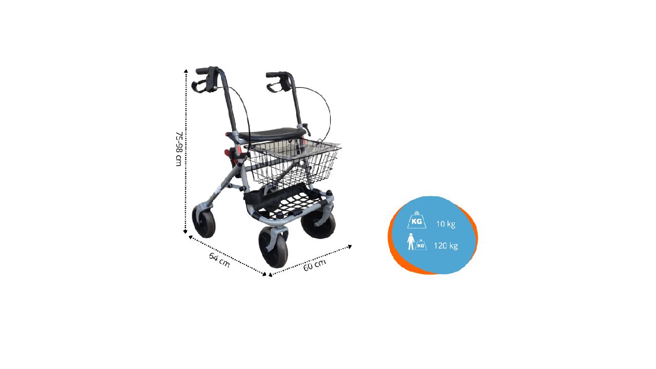 Déambulateur à 4 roues, panier et freins. Dimensions : 72-98 cm de haut, 64 cm de large, 63 cm de profondeur. 10 kg, 130 kg max.