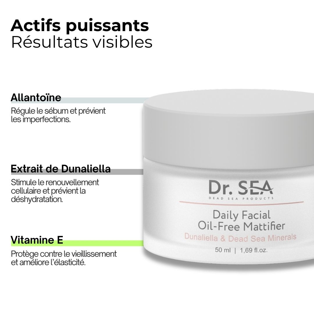 Pot de crème avec texte. Texte : Actifs puissants Résultats visibles, Allantoïne, Extrait de Dunaliella, Vitamine E, Daily Facial.