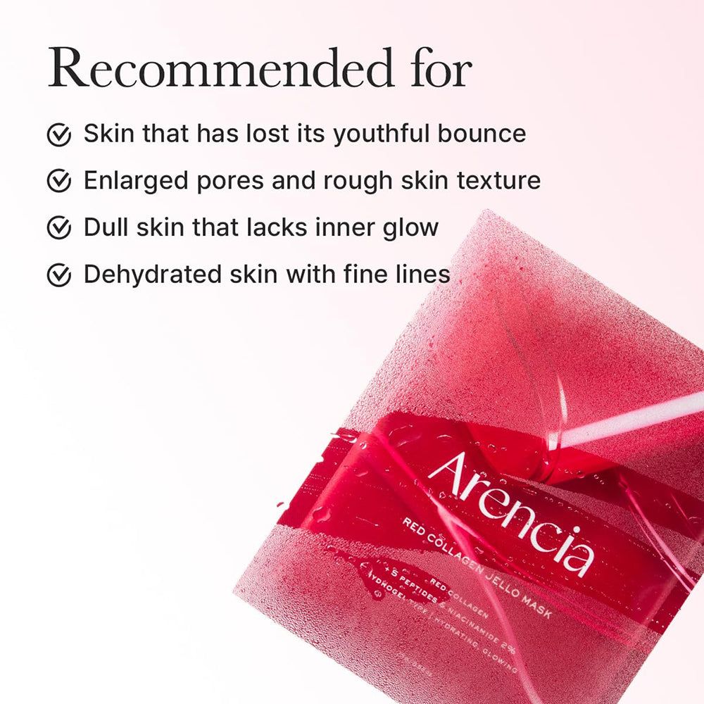 ARENCIA Rode Collageen Jelly Hydrogel Masker in verpakking, rood.