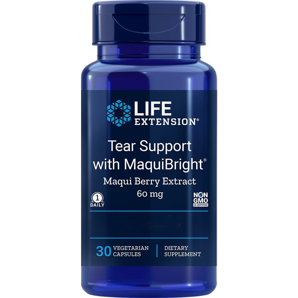 Donkerblauwe capsulefles met Life Extension Tear Support etiket, MaquiBright® 60 mg, 30 vegetarische capsules.