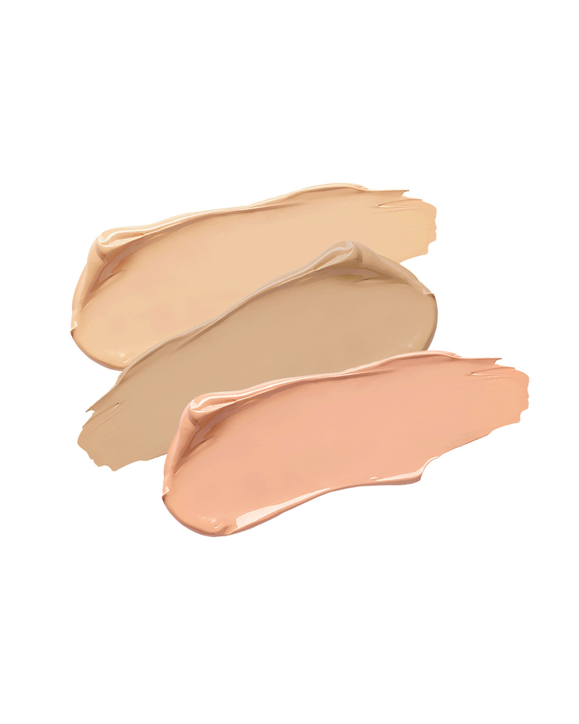 Drie tinten concealer-swatches. Lichte, medium en donkere tinten. Op witte achtergrond.
