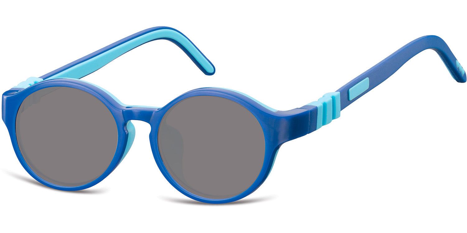 Lunettes de soleil bleues avec verres ronds. Branches et monture en différentes nuances de bleu. Verres gris.