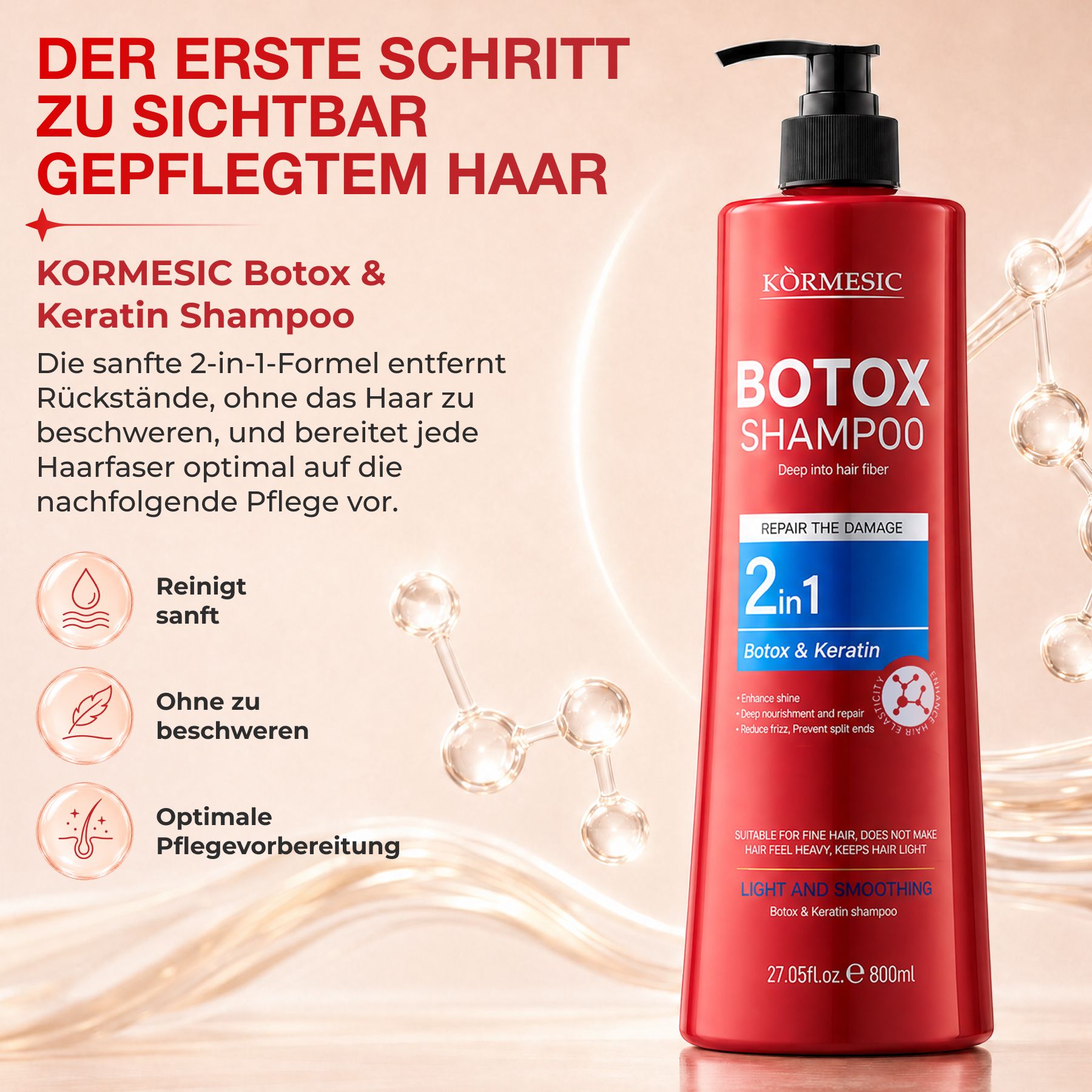 Rode Kormesic 2-in-1 Botox & Keratine Shampoo fles met pompdosering, 800ml.