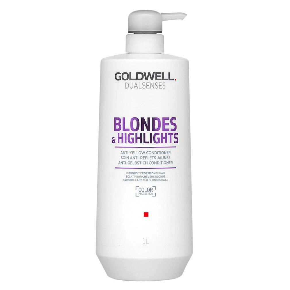 Flacon blanc avec pompe. Inscription : Goldwell Dual Senses Blondes & Highlights Anti-Gelbstich Conditioner. 1L.