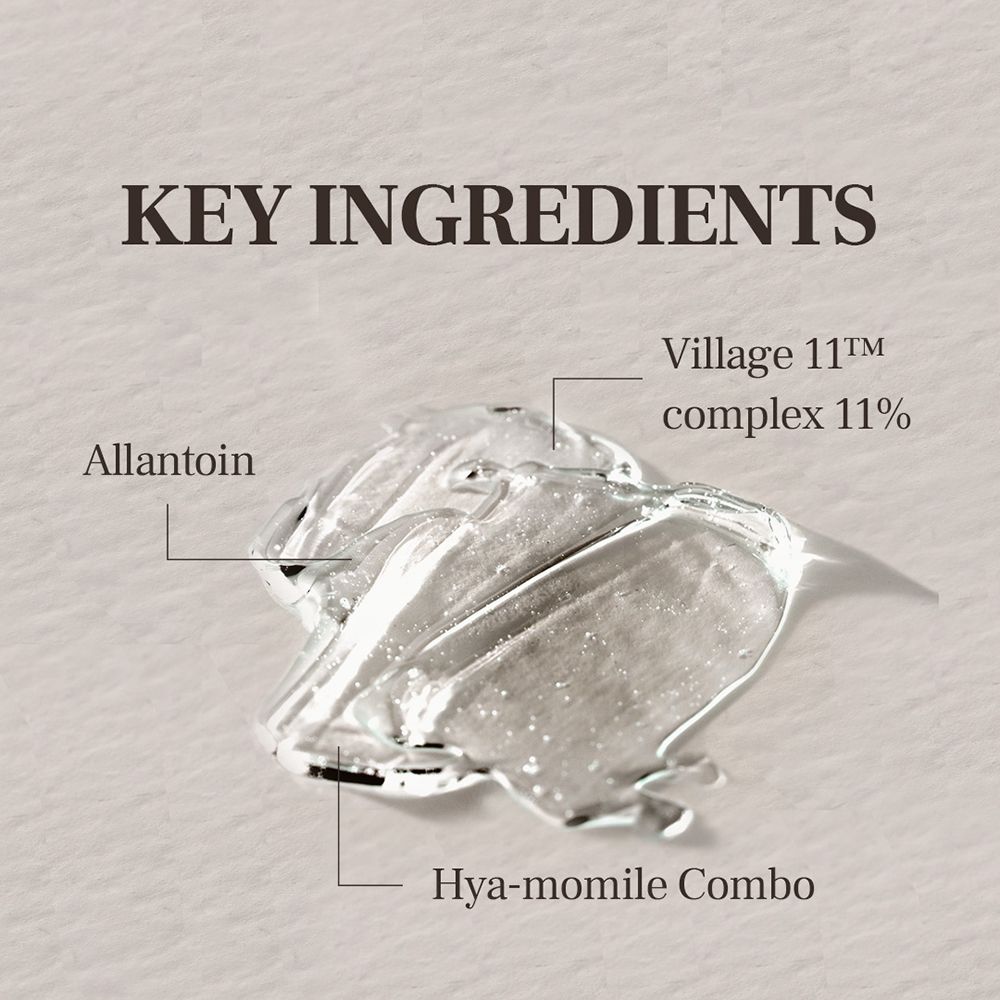 Geltextuur met tekst: Key Ingredients. Ingrediënten: Allantoïne, Hya-momile Combo, Village 11 Complex.