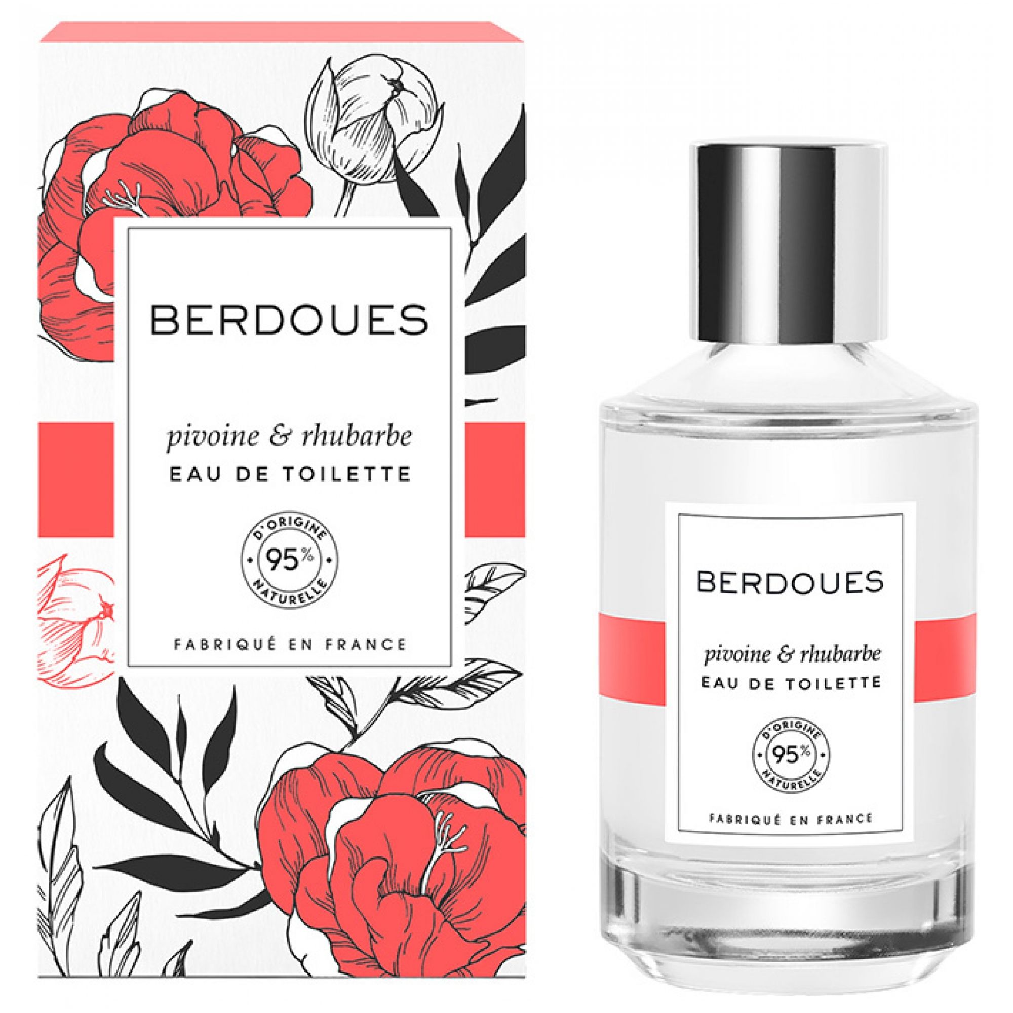 Flacon et emballage de parfum sur le thème pivoine et rhubarbe. Berdoues Pivoine & Rhubarbe Eau de Toilette.