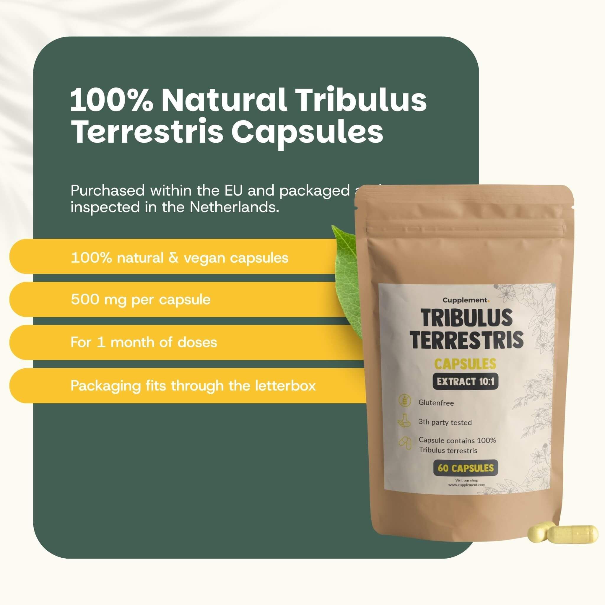 Emballage du produit. Texte: Gélules de Tribulus Terrestris 100% naturelles. 500 mg par gélule. Pour 1 mois de doses.